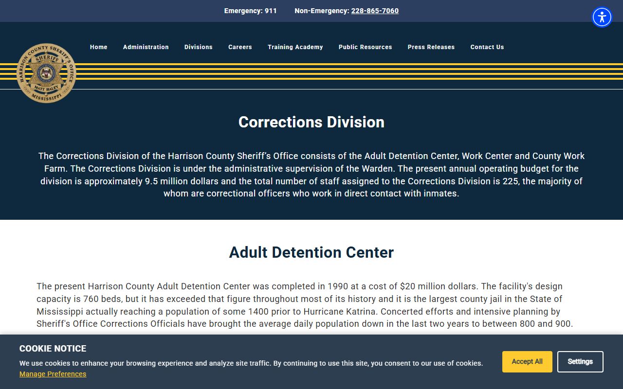 Harrison County Adult Detention Center corrections division inmate population details