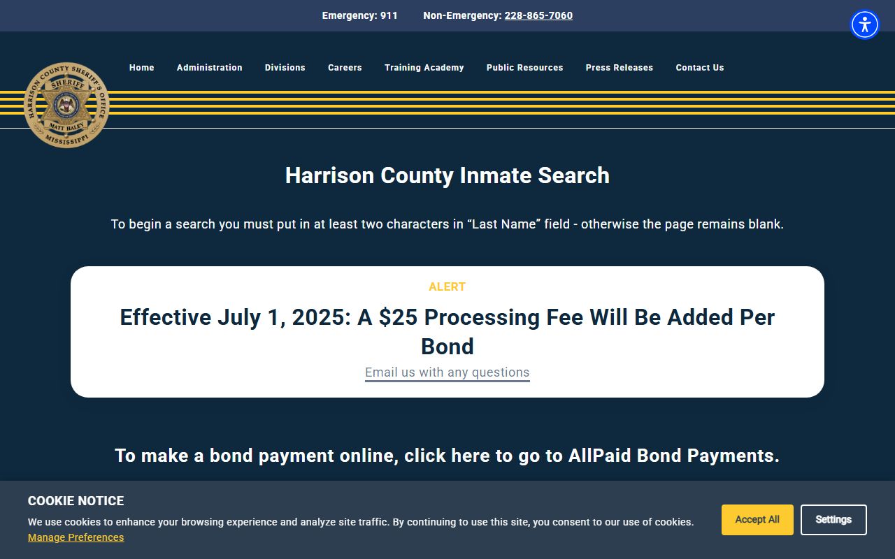 Harrison County inmate roster search page with JailTracker instructions